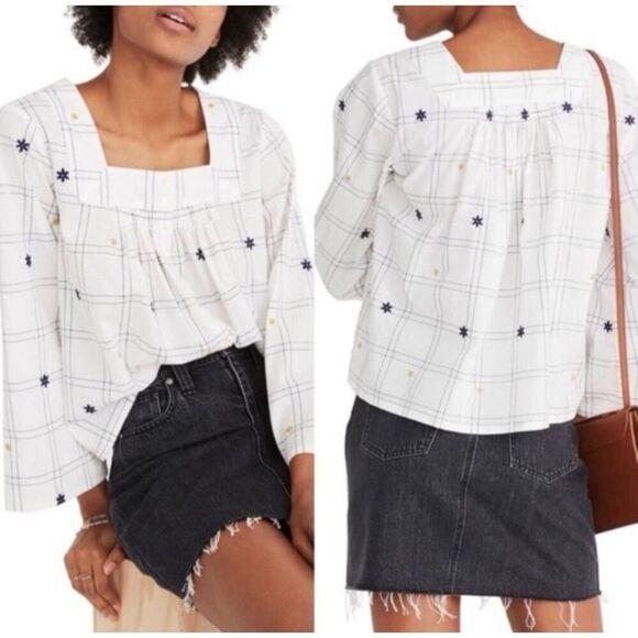 Madewell Loose Top Embroidered Windowpane Square-Neck Button-Down Small - Picture 1 of 9